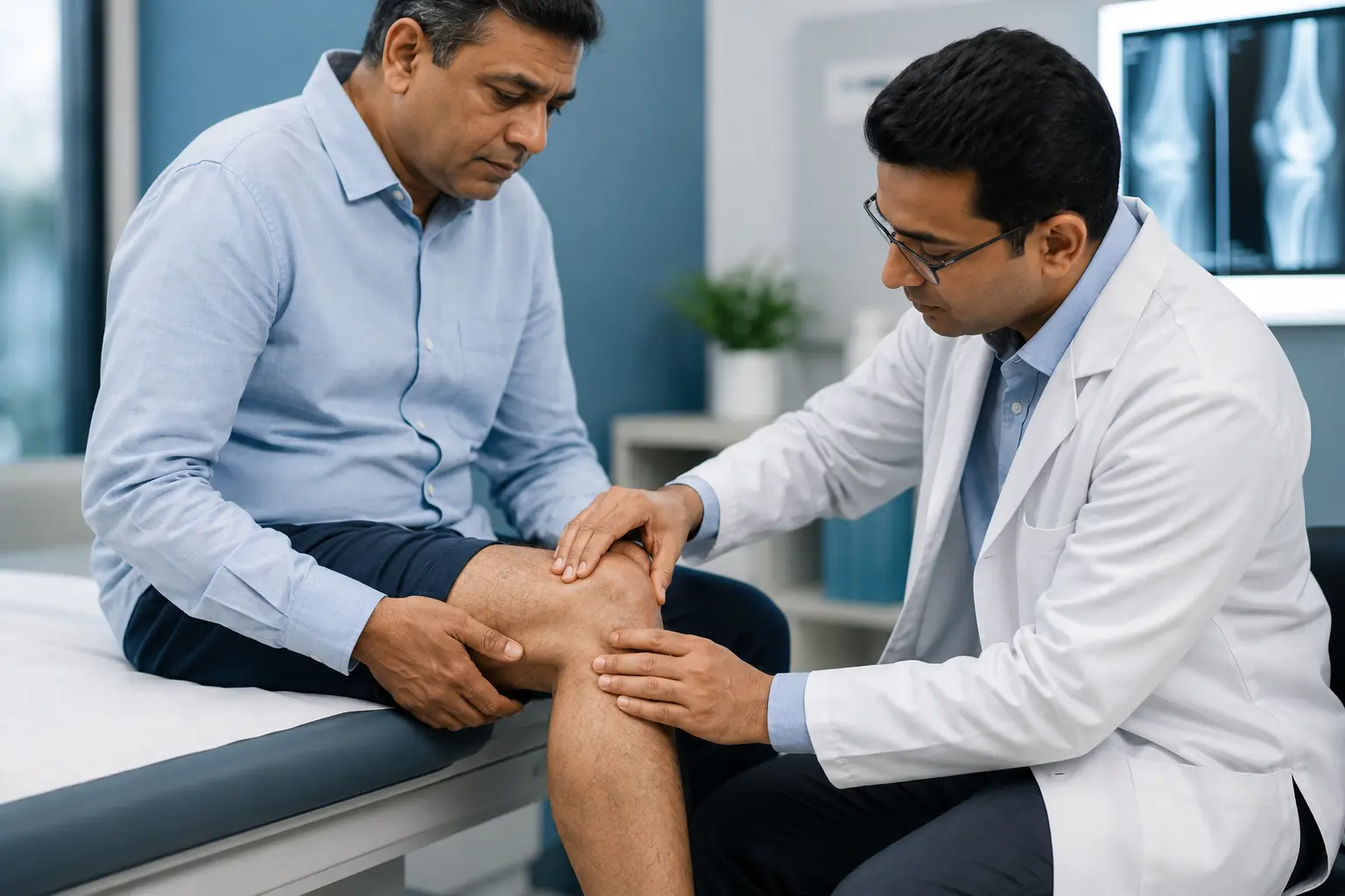Orthopaedic surgeon examining a patient's painful knee joint at Dr. Murkute's O2 Bone & Eye Care Clinic, Kharadi, Pune