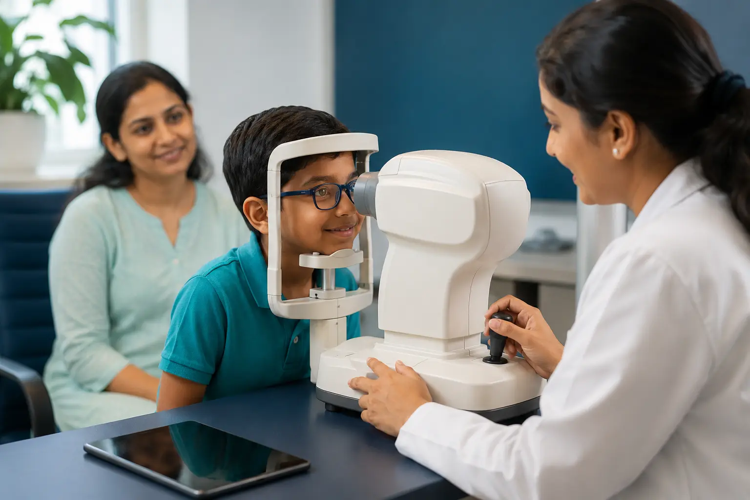 Schoolboy in spectacles having a paediatric eye test on an autorefractor while his mother watches