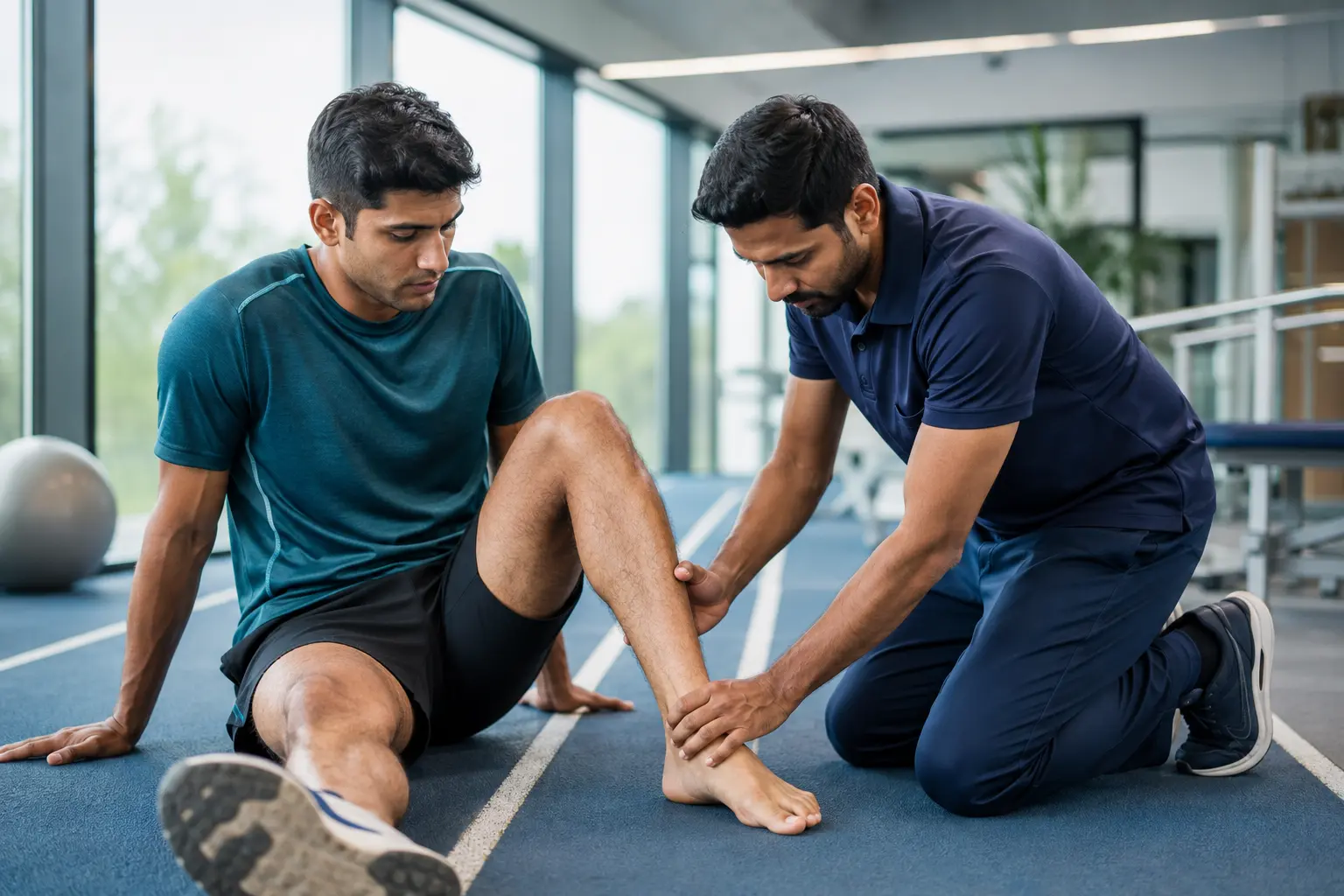 Physiotherapist examining an athlete's injured ankle after a sports injury in Kharadi, Pune