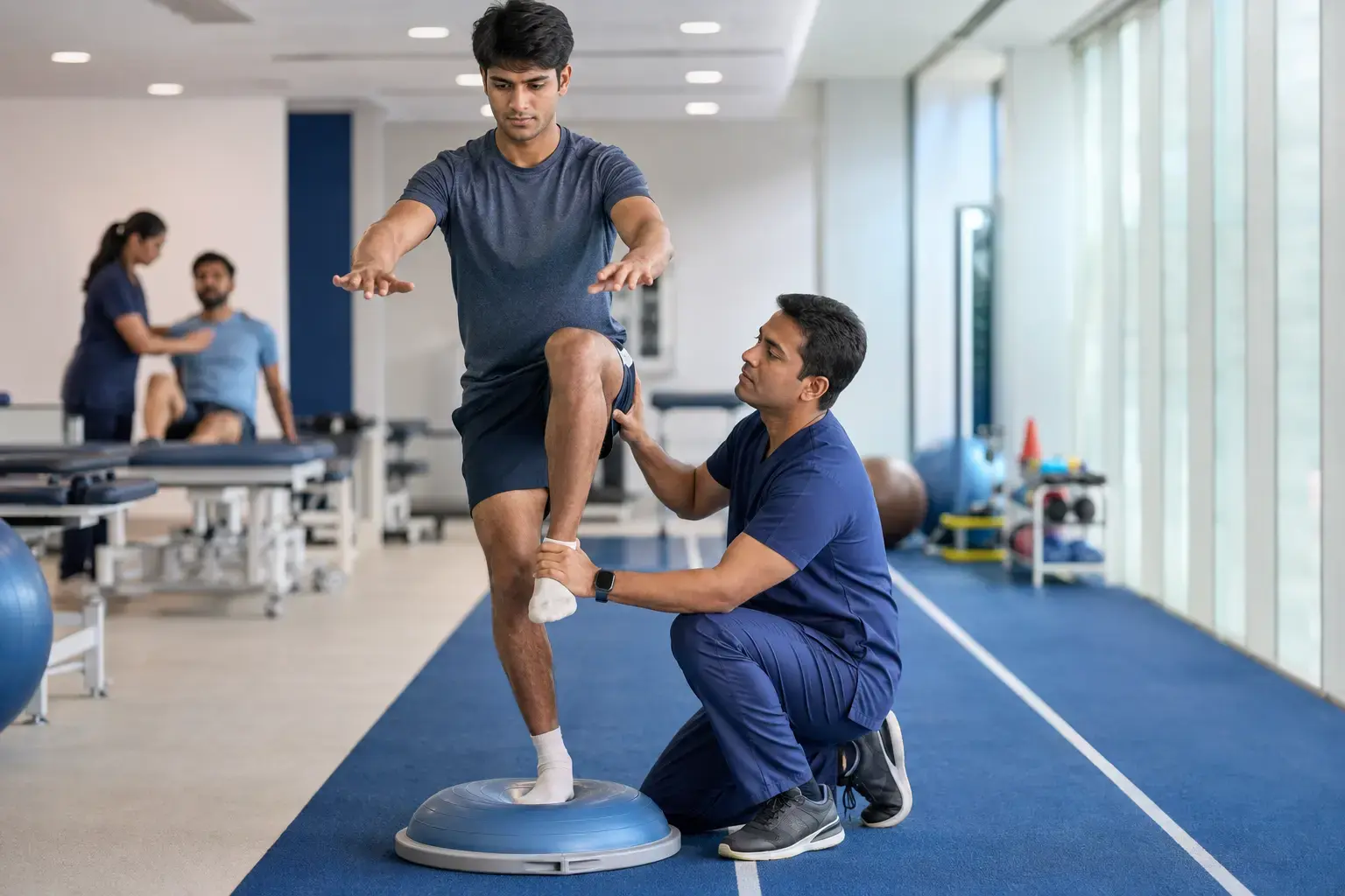 Sports physiotherapist supervising balance and return-to-sport rehabilitation exercises in Kharadi, Pune
