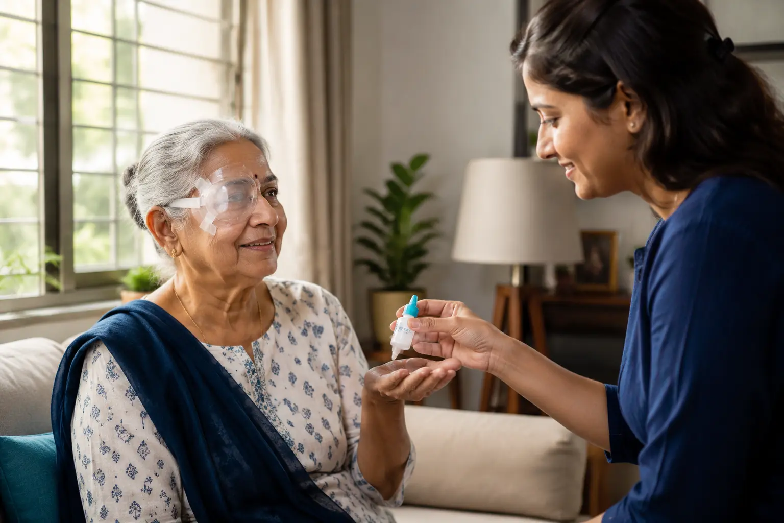 Nurse explaining eye drop schedule to an elderly woman wearing a protective eye shield after cataract surgery in Pune