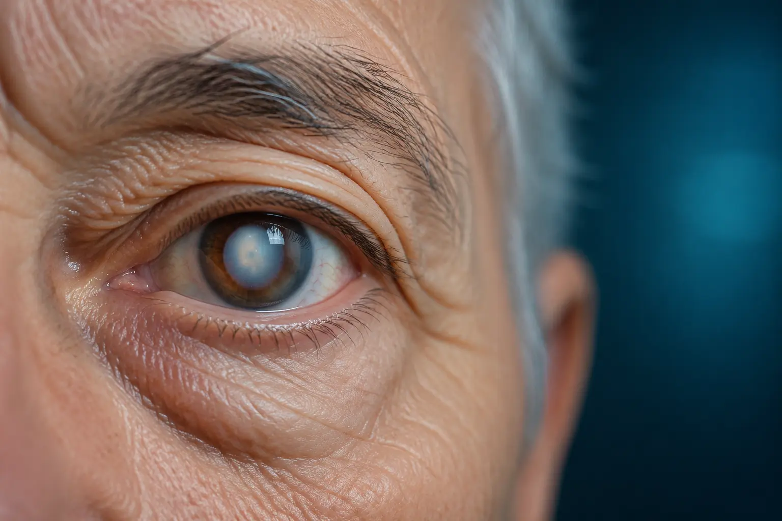 Close-up of an eye with a clouded natural lens caused by cataract, examined at Dr. Murkute's O2 Bone & Eye Care Clinic, Kharadi, Pune