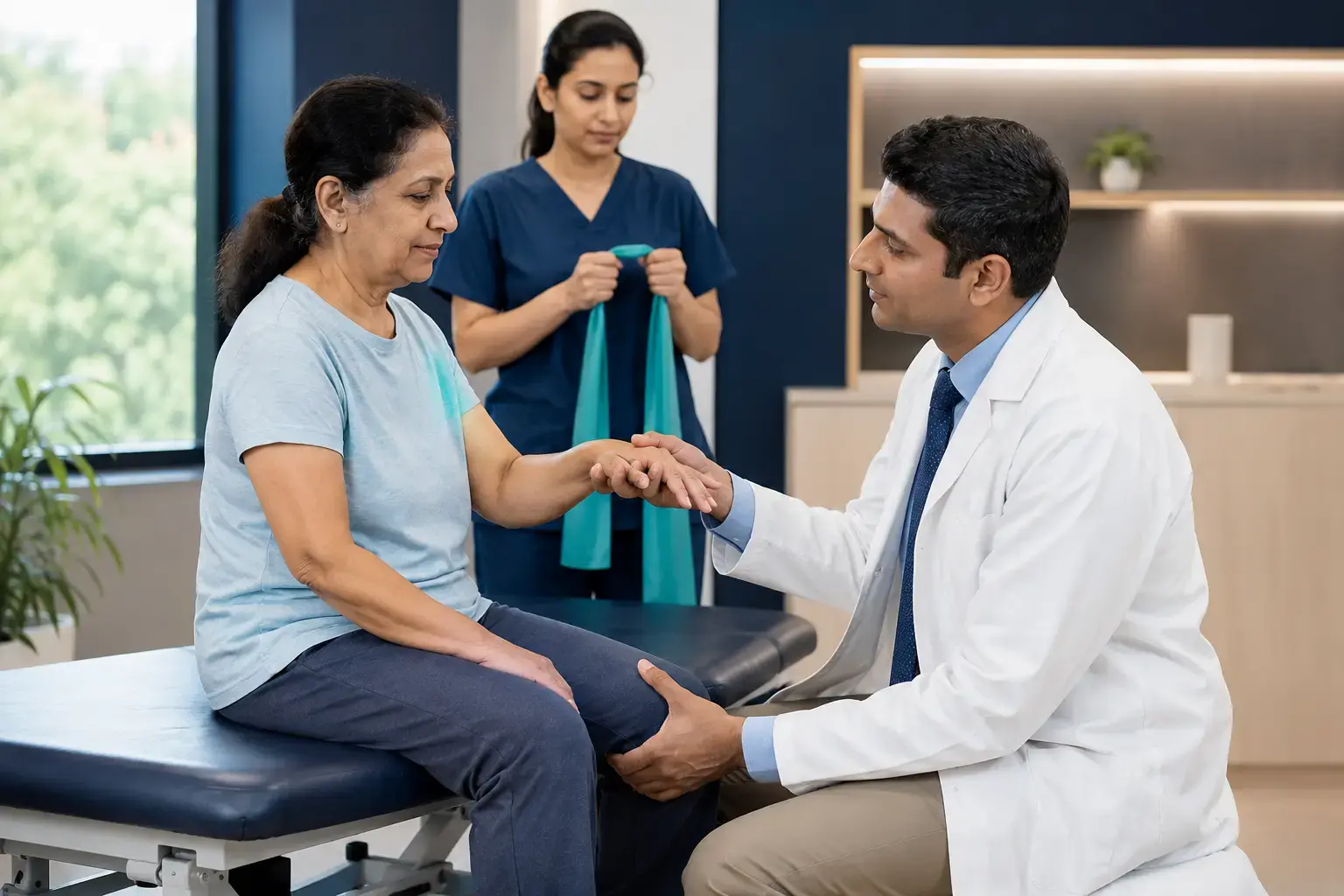 Orthopaedic doctor assessing a patient's joint movement before keyhole arthroscopy at Dr. Murkute's O2 Bone & Eye Care Clinic, Kharadi, Pune