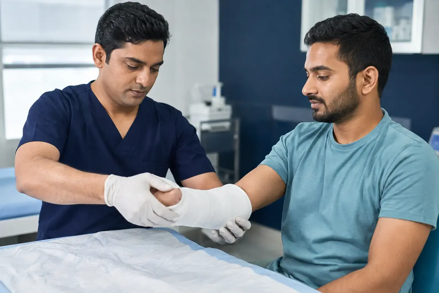 Clinician applying a plaster cast to a patient's fractured wrist at Dr. Murkute's O2 Bone & Eye Care Clinic, Kharadi, Pune