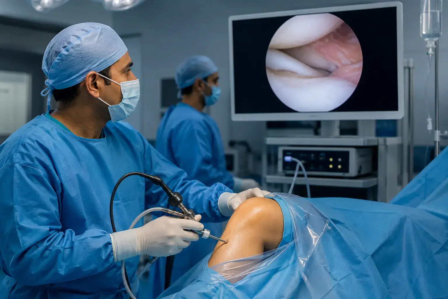 Surgeon treating an arthritic knee joint under arthroscopic camera guidance at Dr. Murkute's O2 Bone & Eye Care Clinic, Kharadi, Pune