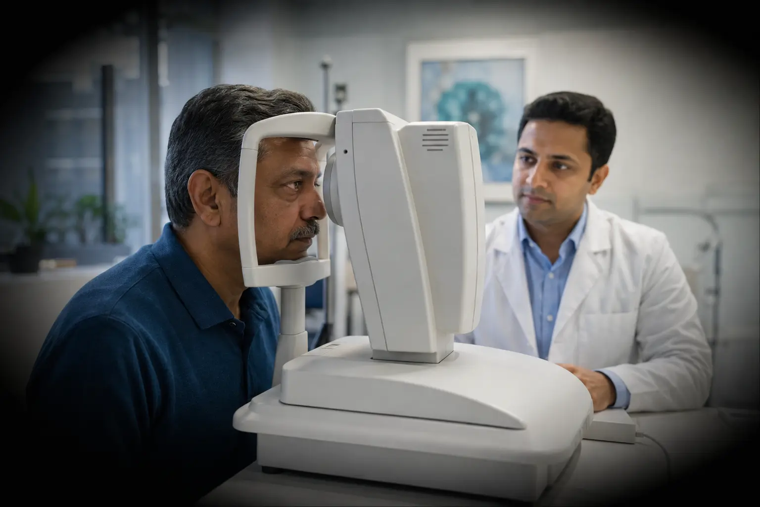 Man over 40 undergoing a glaucoma eye pressure screening test on a tonometer with an ophthalmologist