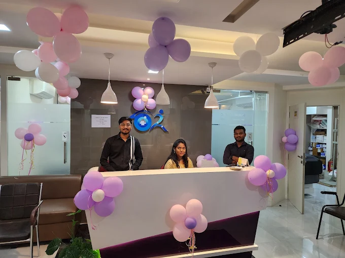 Welcoming reception counter with staff at Dr. Murkute's O2 Bone & Eye Care Clinic in Kharadi, Pune