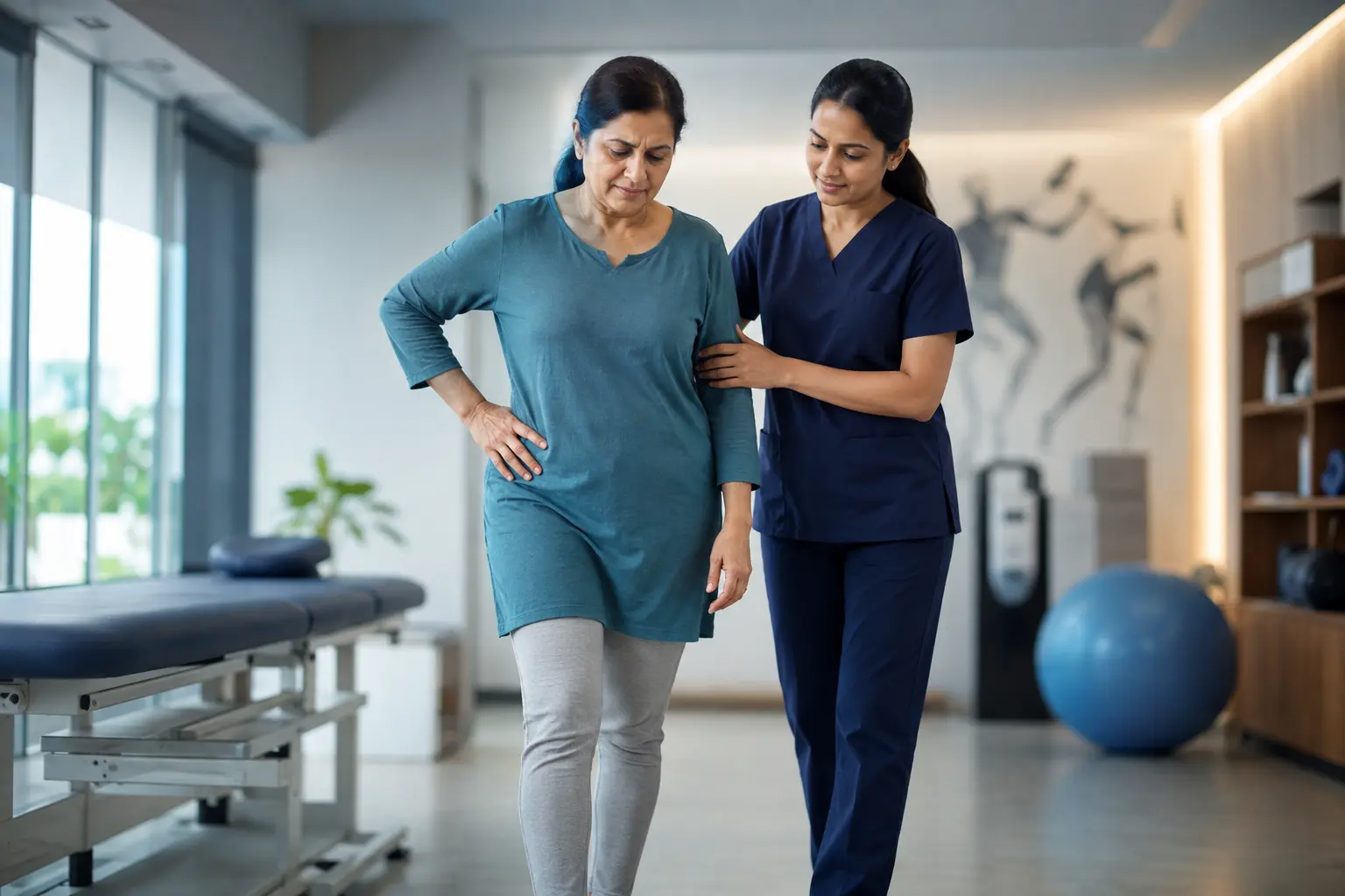 Therapist supporting an older patient during a walking and hip mobility assessment in Kharadi, Pune