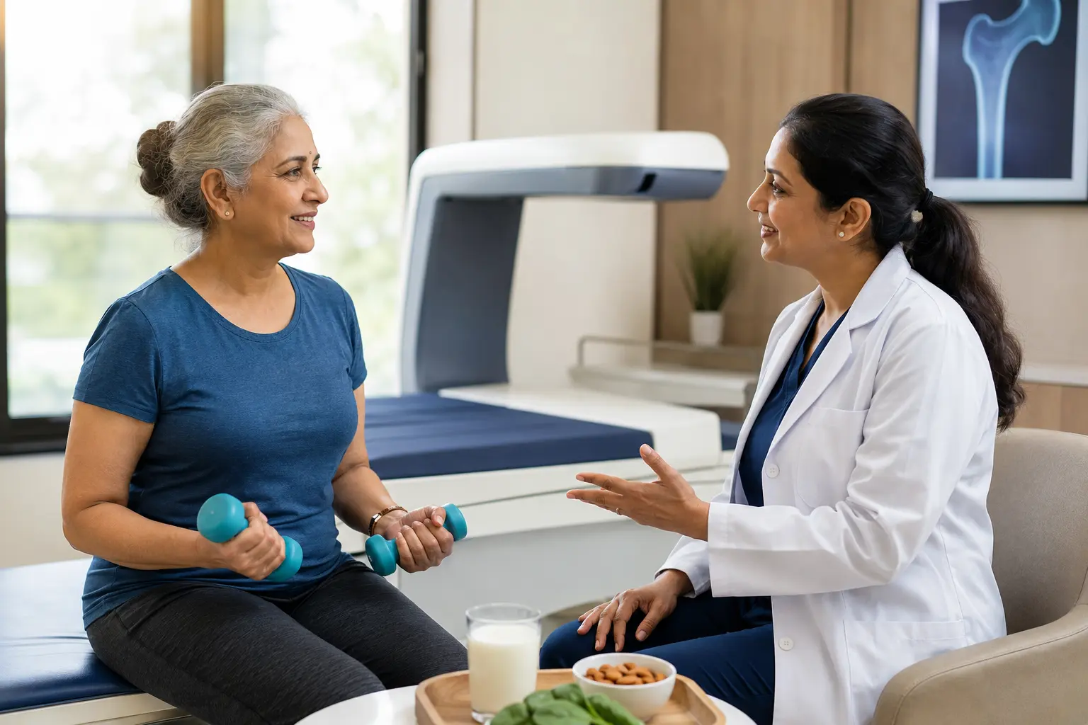 Doctor counselling a senior woman on bone density results, weight training and calcium-rich diet for osteoporosis