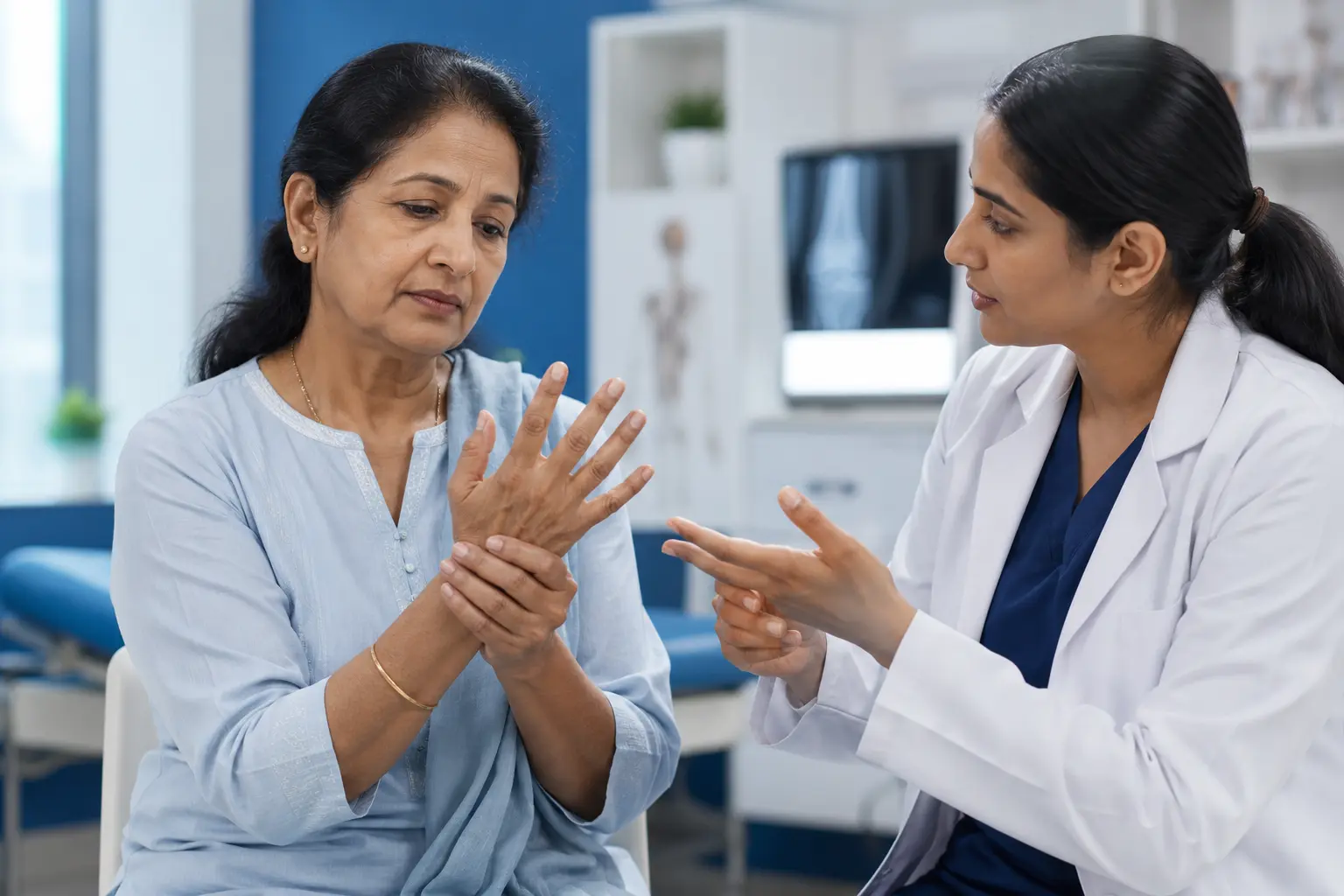 Doctor discussing hand and finger joint pain from arthritis with a patient in Kharadi, Pune