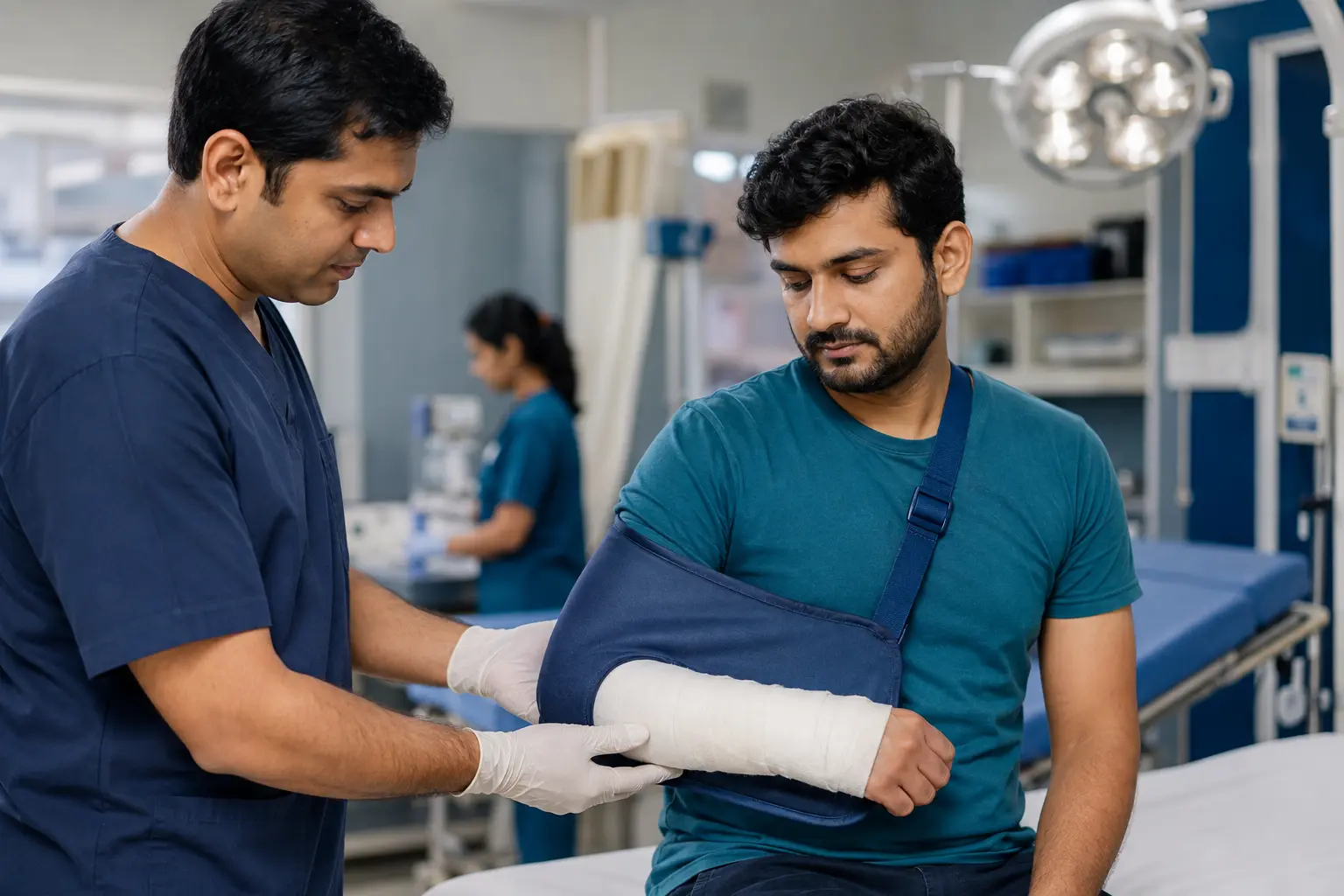Patient with a forearm cast and arm sling after fracture treatment at a clinic in Kharadi, Pune