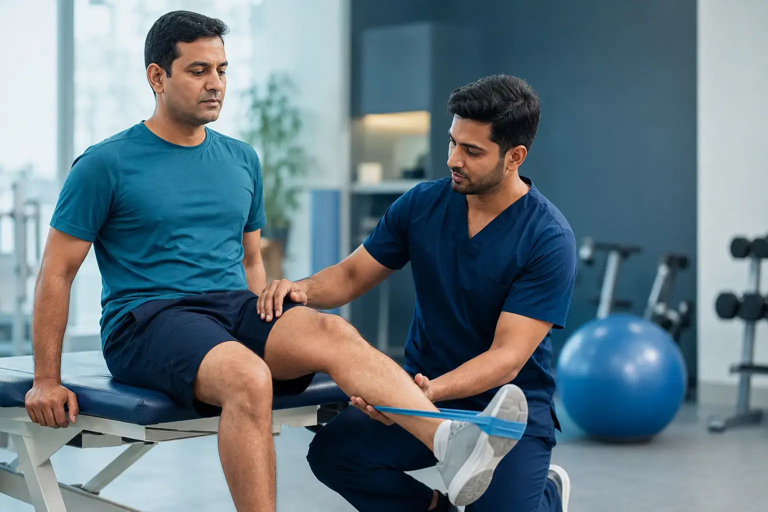 Physiotherapist guiding a patient through knee strengthening exercises during knee pain treatment in Kharadi, Pune