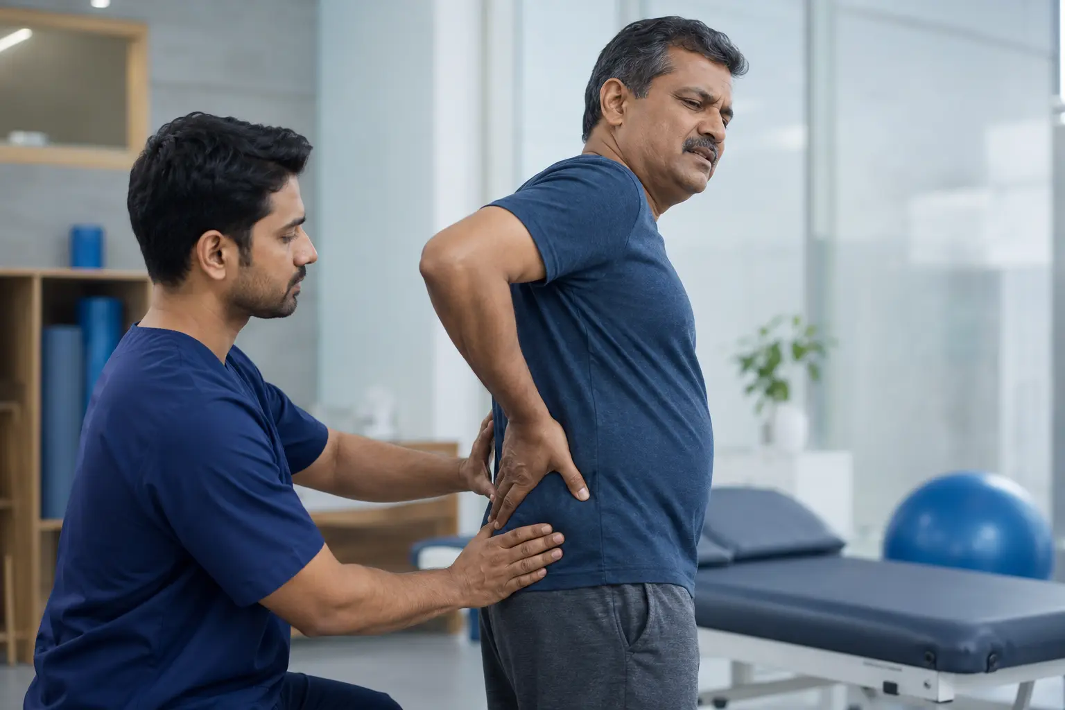 Clinician assessing a patient's lower back pain and spine posture in Kharadi, Pune