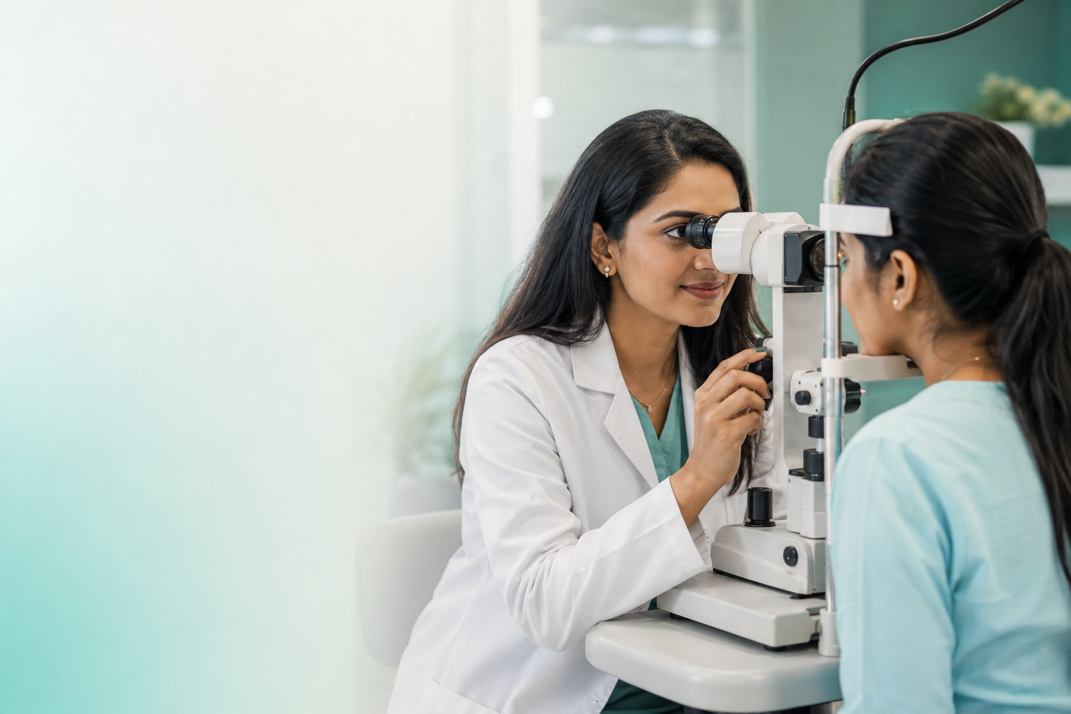 Ophthalmologist examining a patient at the slit lamp in the eye care clinic in Kharadi, Pune