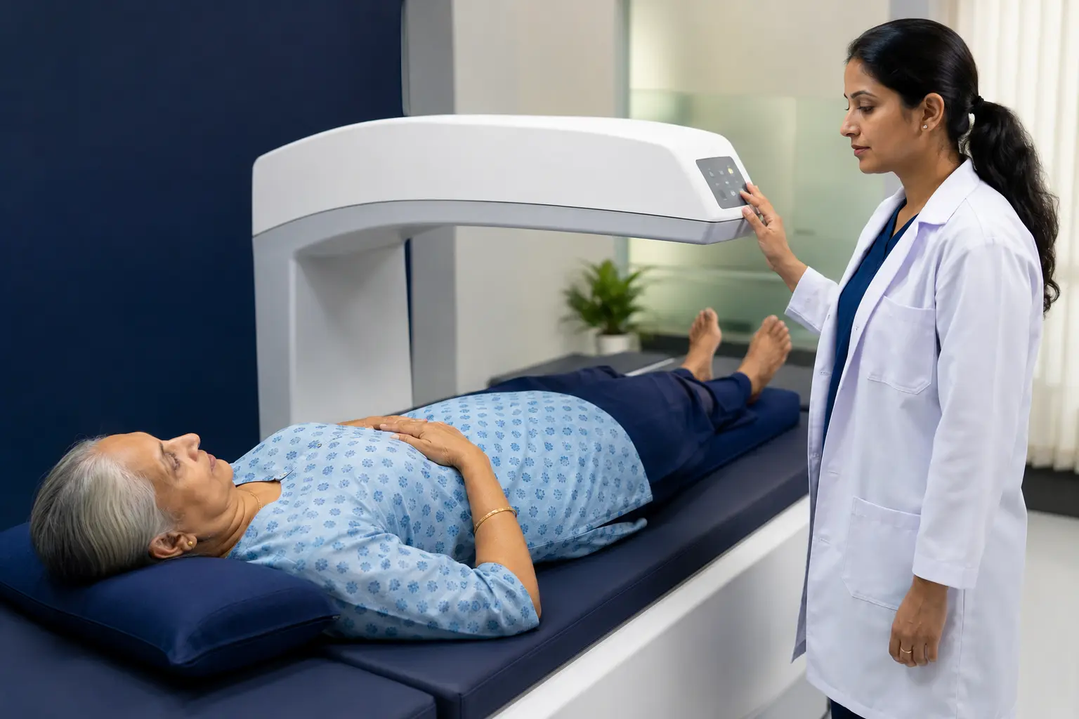 Patient undergoing a scan for shoulder and bone-related problems at a clinic in Kharadi, Pune