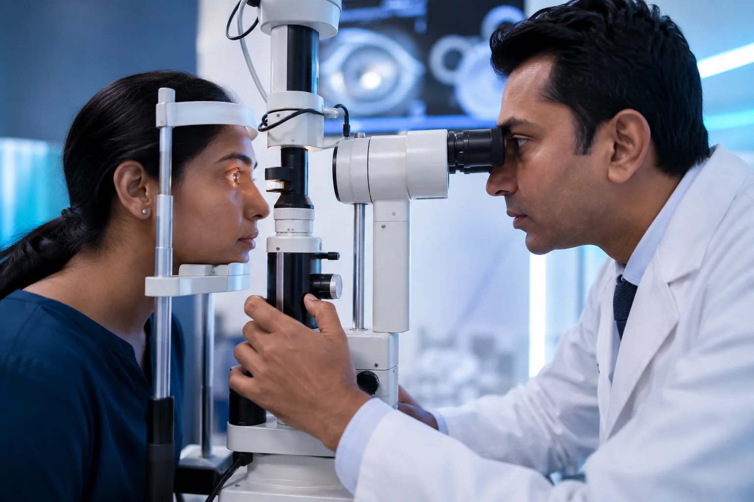 Slit lamp corneal examination of a patient at Dr. Murkute's O2 Bone & Eye Care Clinic, Kharadi, Pune