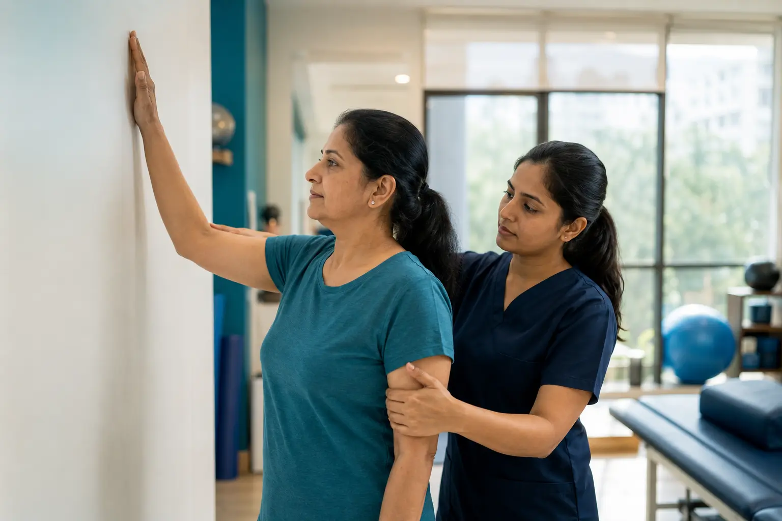 Physiotherapist assisting a woman with a wall-climbing stretching exercise for frozen shoulder