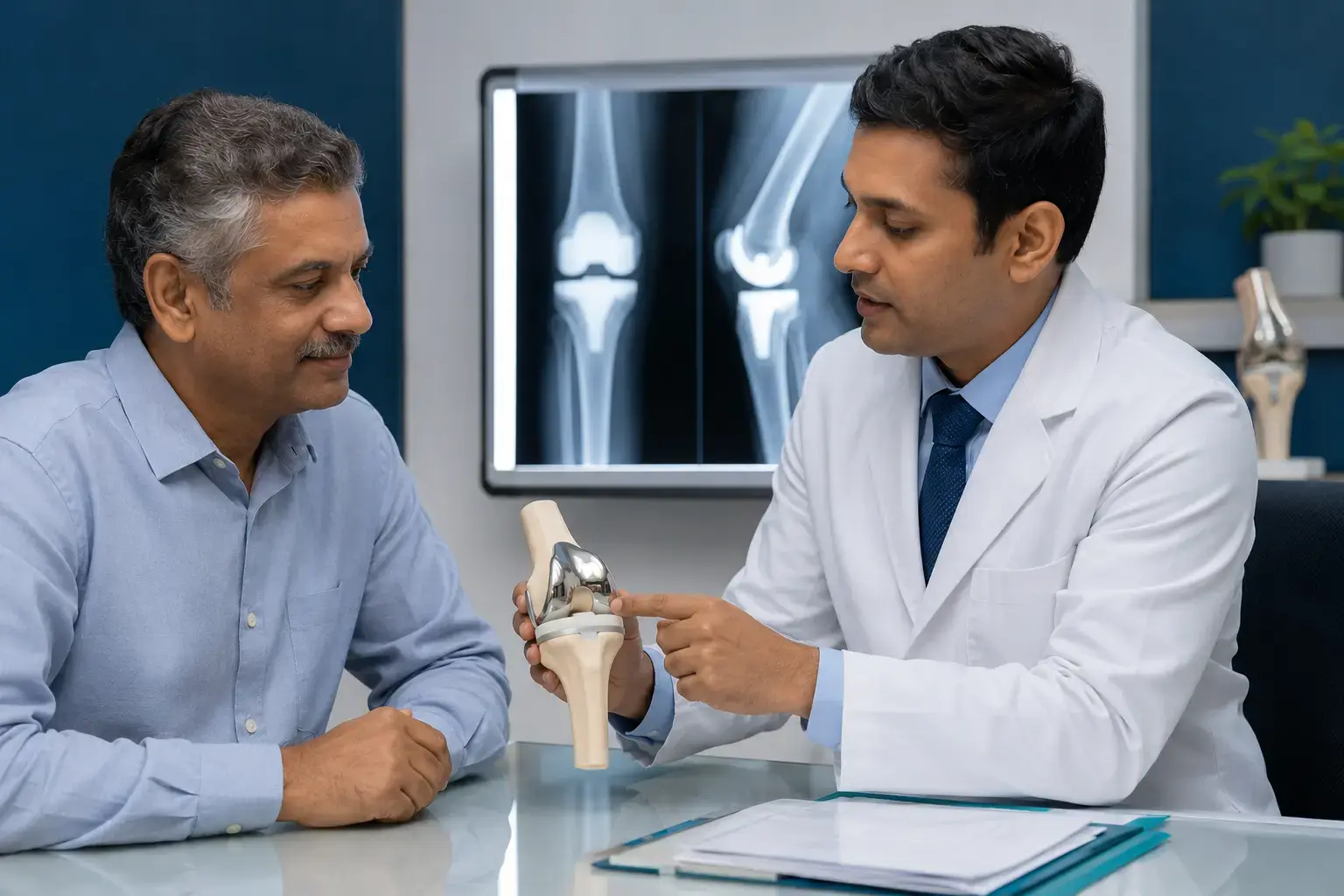 Orthopaedic surgeon explaining a knee replacement implant model and X-ray to a patient in Kharadi, Pune