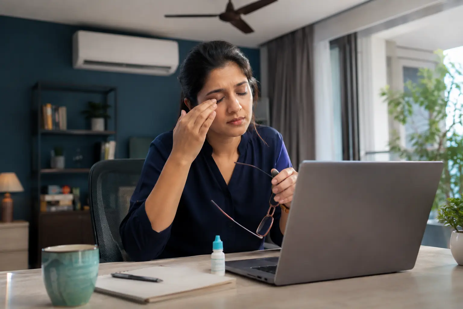 Young woman rubbing tired, dry eyes while working on a laptop with lubricating eye drops on the desk
