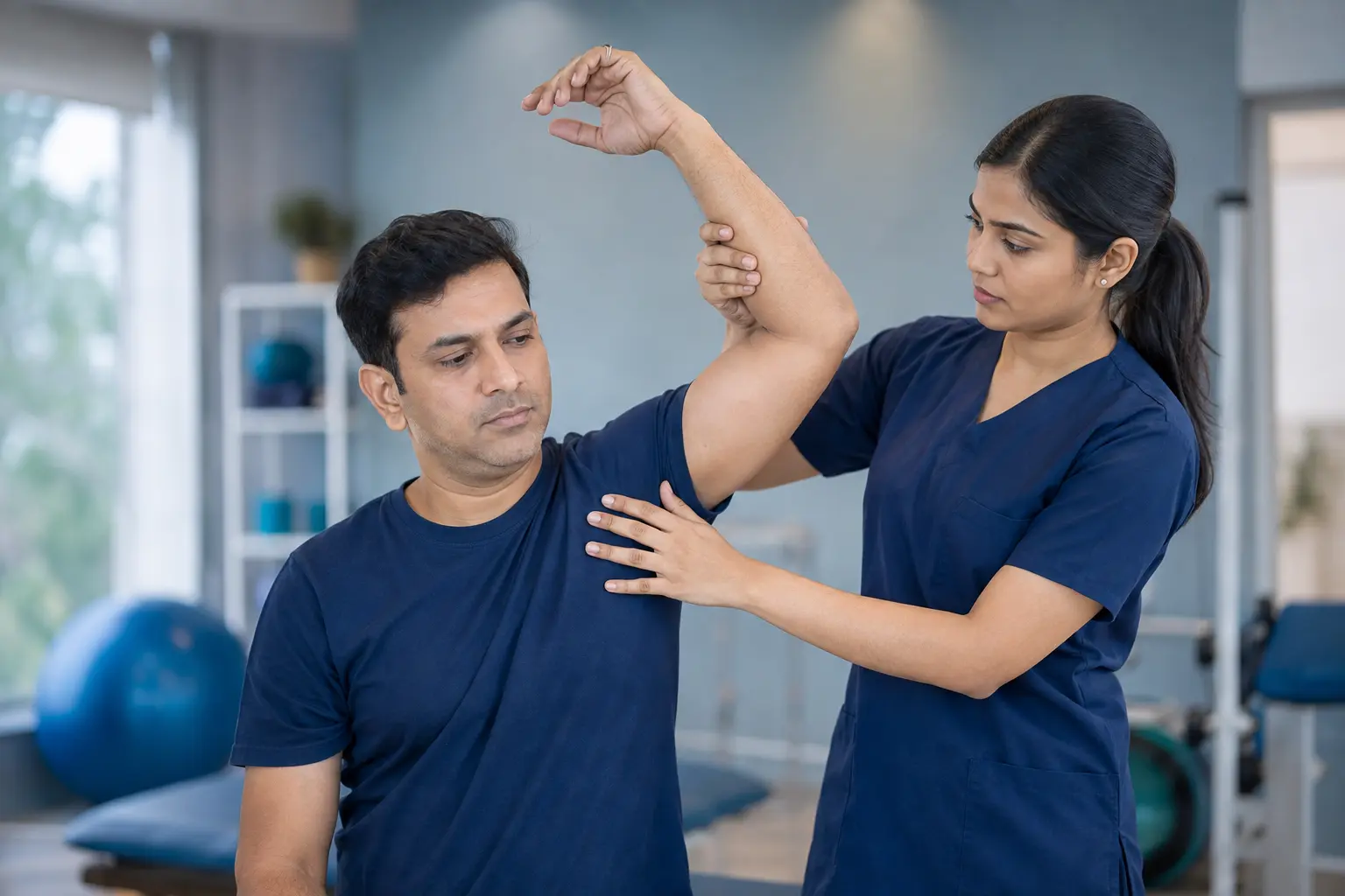 Guided shoulder and bone-strengthening exercise for a patient with osteoporosis in Kharadi, Pune