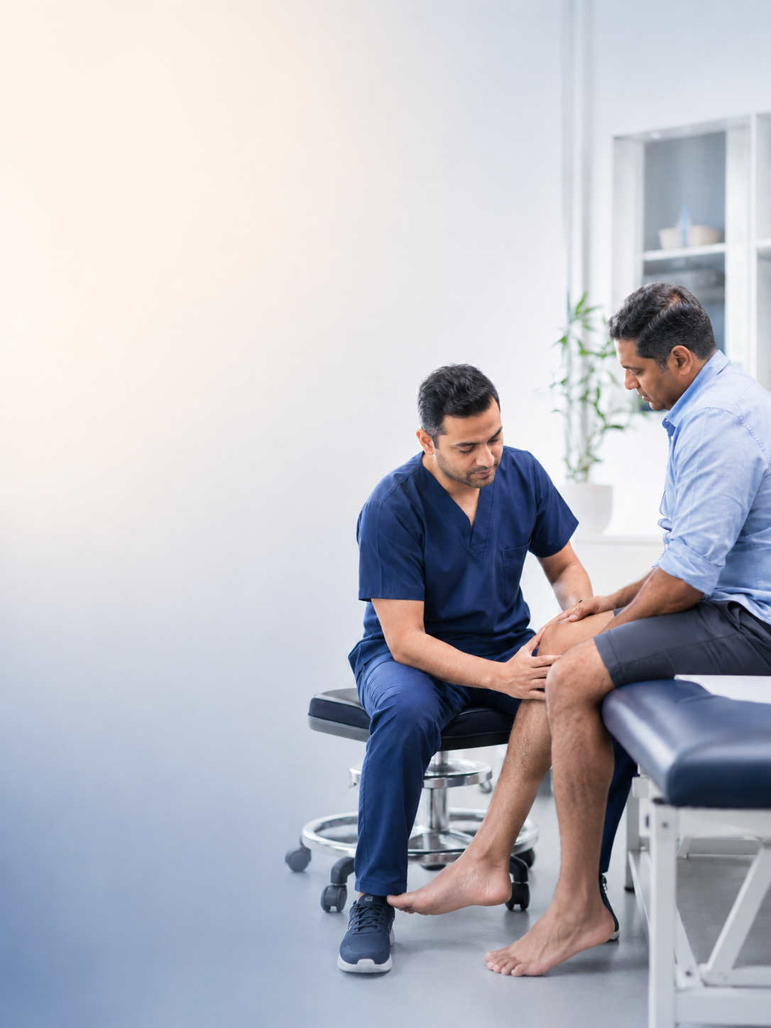 Orthopaedic surgeon examining a patient's knee in the orthopaedics consultation room in Kharadi, Pune