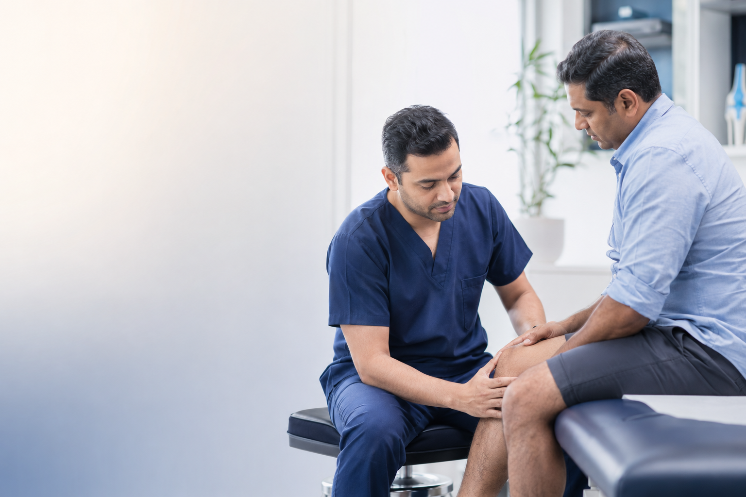 Orthopaedic surgeon examining a patient's knee in the orthopaedics consultation room in Kharadi, Pune