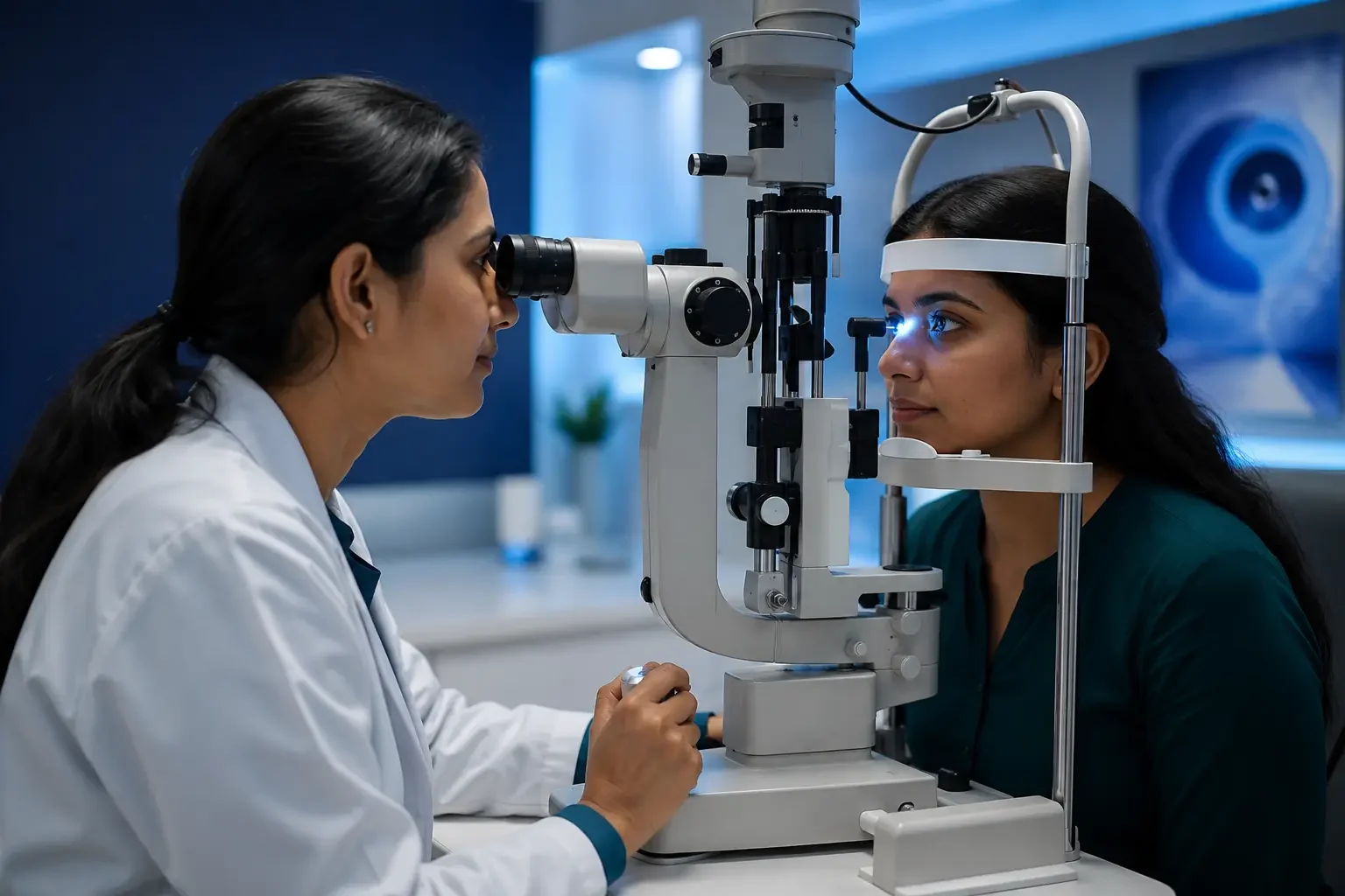 Tear film assessment on a slit lamp during dry eye treatment at Dr. Murkute's O2 Bone & Eye Care Clinic, Kharadi, Pune
