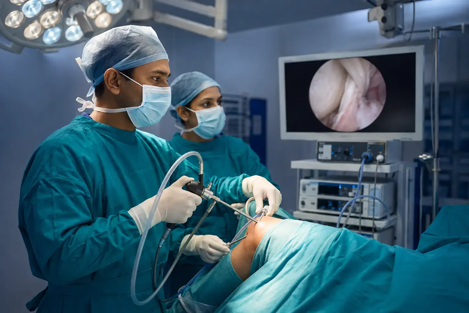 Orthopaedic surgeon performing arthroscopic ACL reconstruction surgery on a knee at Dr. Murkute's O2 Bone & Eye Care Clinic, Kharadi, Pune