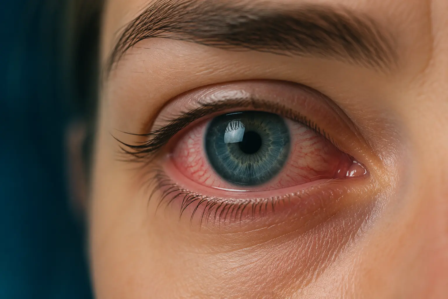 Red, inflamed conjunctiva of an eye affected by conjunctivitis, assessed at Dr. Murkute's O2 Bone & Eye Care Clinic, Kharadi, Pune
