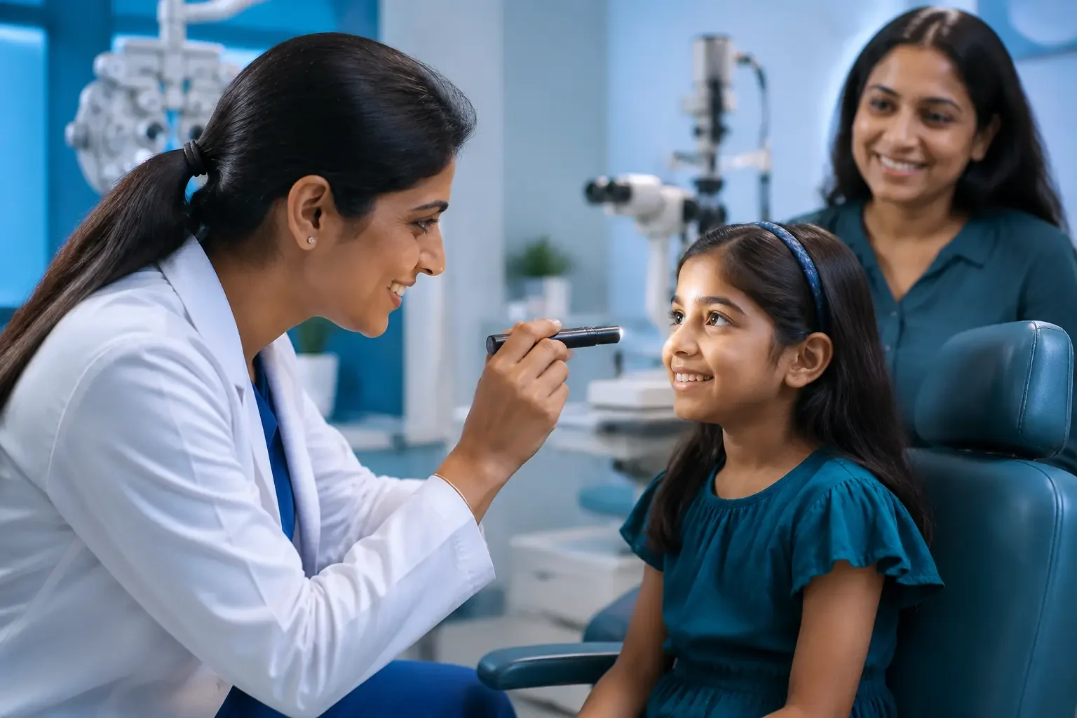 Ophthalmologist checking a child's eyes with a torch while the parent watches, at Dr. Murkute's O2 Bone & Eye Care Clinic, Kharadi, Pune