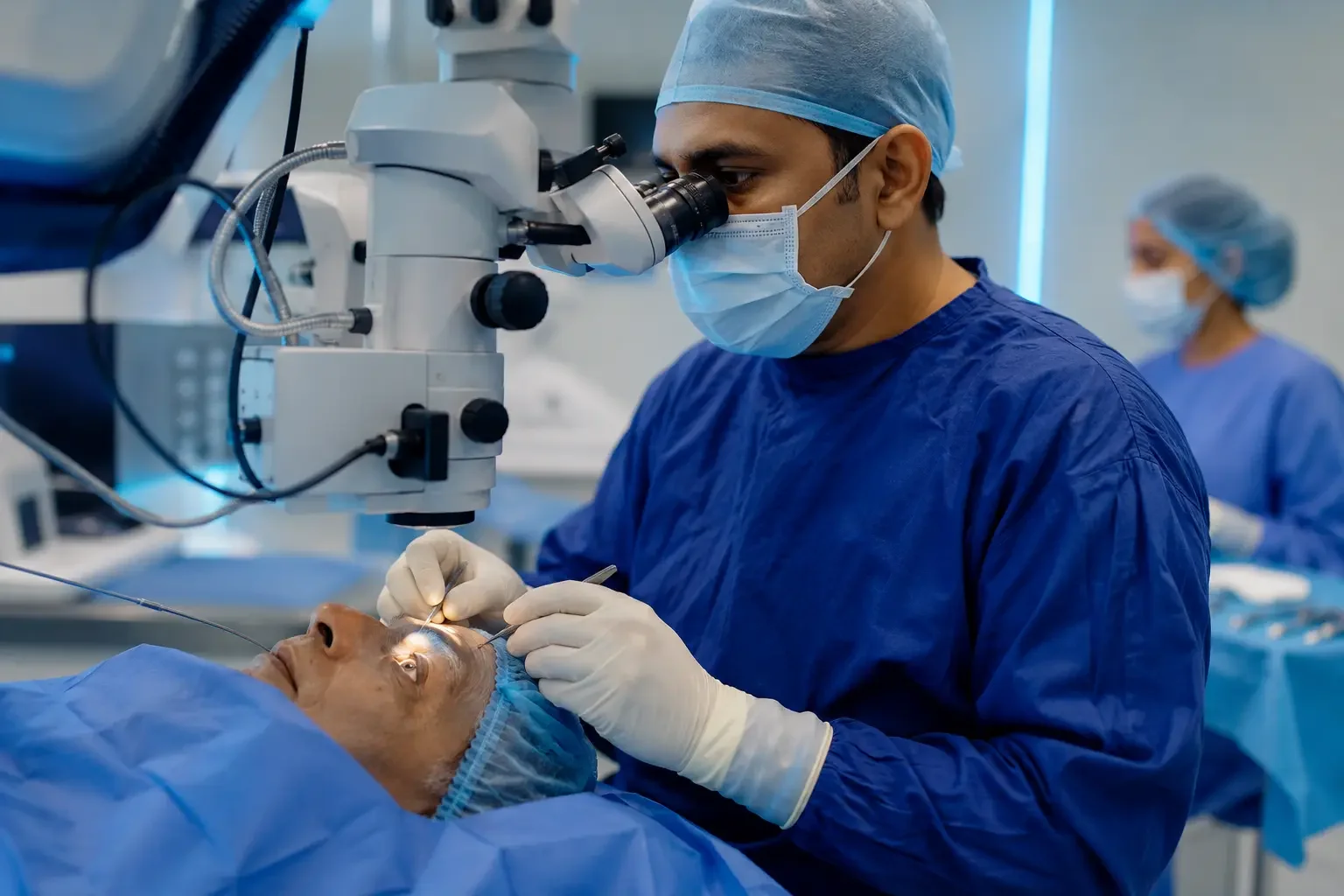 Cataract surgery in progress using phacoemulsification in the operating theatre at Dr. Murkute's O2 Bone & Eye Care Clinic, Kharadi, Pune