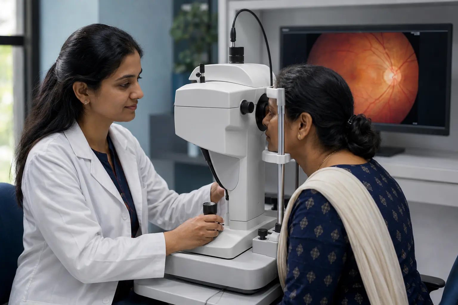 Ophthalmologist examining a diabetic patient's retina with a fundus camera showing a retinal scan on screen