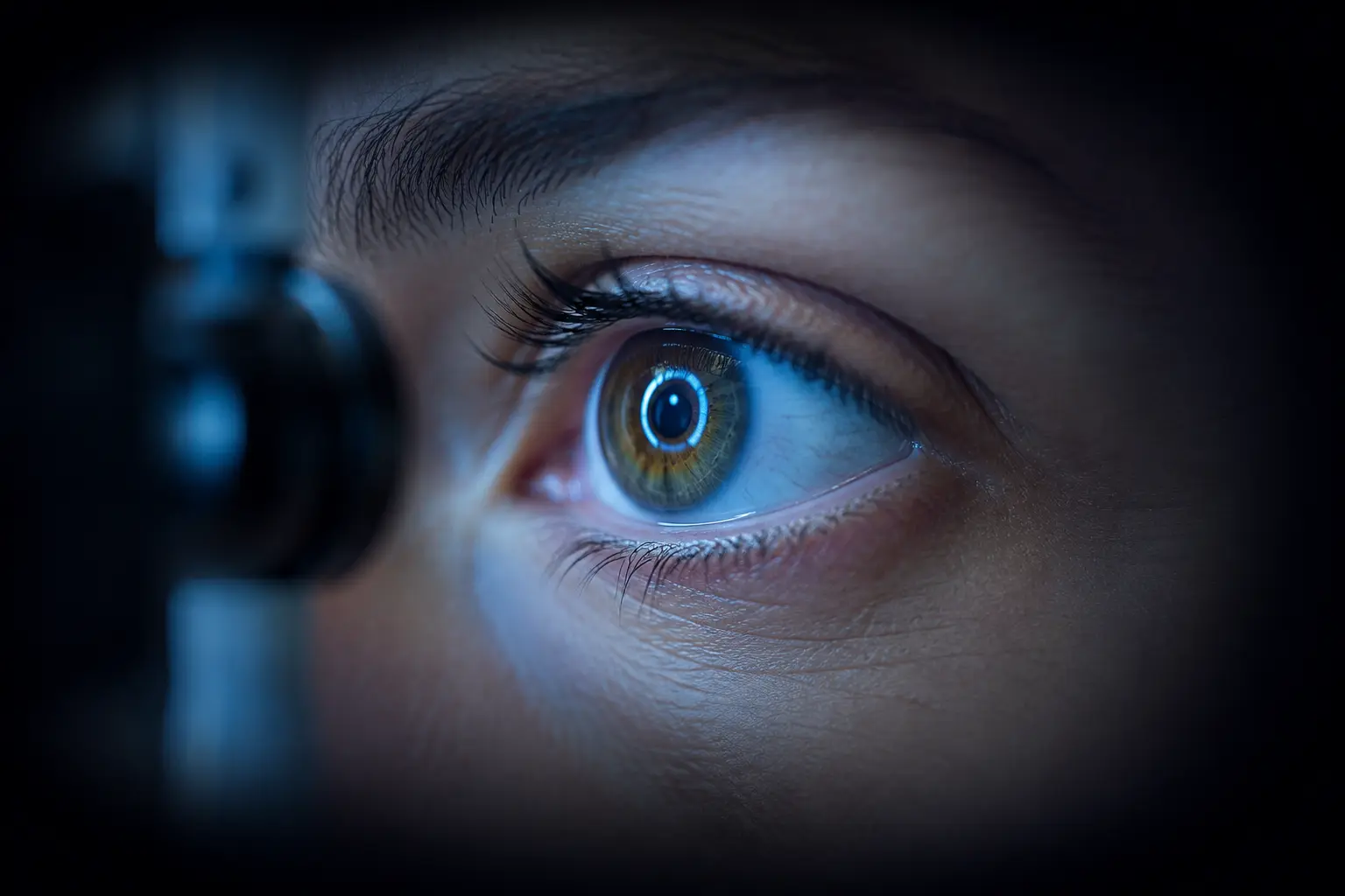 Blue-illuminated corneal examination for keratoconus at Dr. Murkute's O2 Bone & Eye Care Clinic, Kharadi, Pune