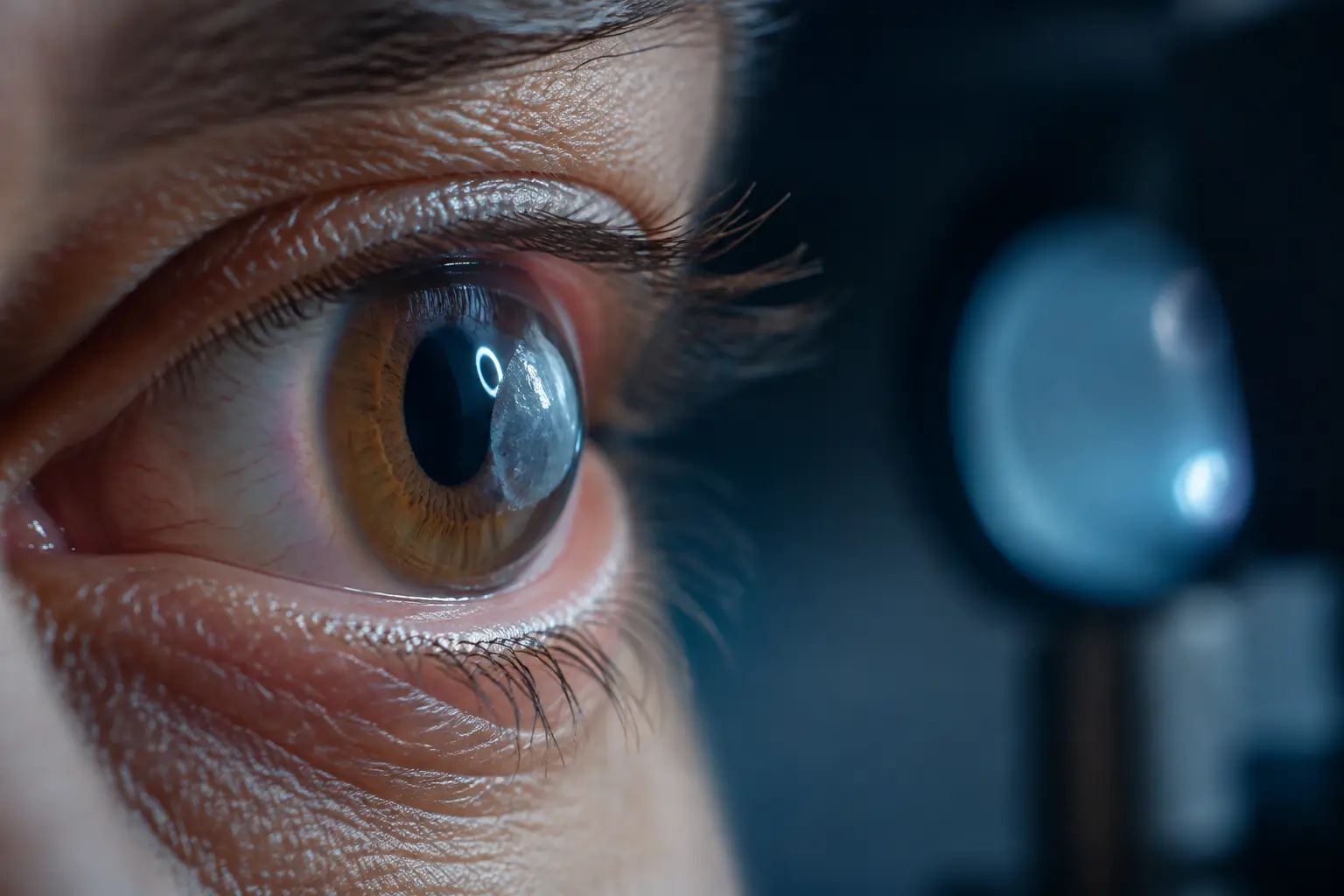 Eye examination showing corneal opacity and surface irregularity at Dr. Murkute's O2 Bone & Eye Care Clinic, Kharadi, Pune