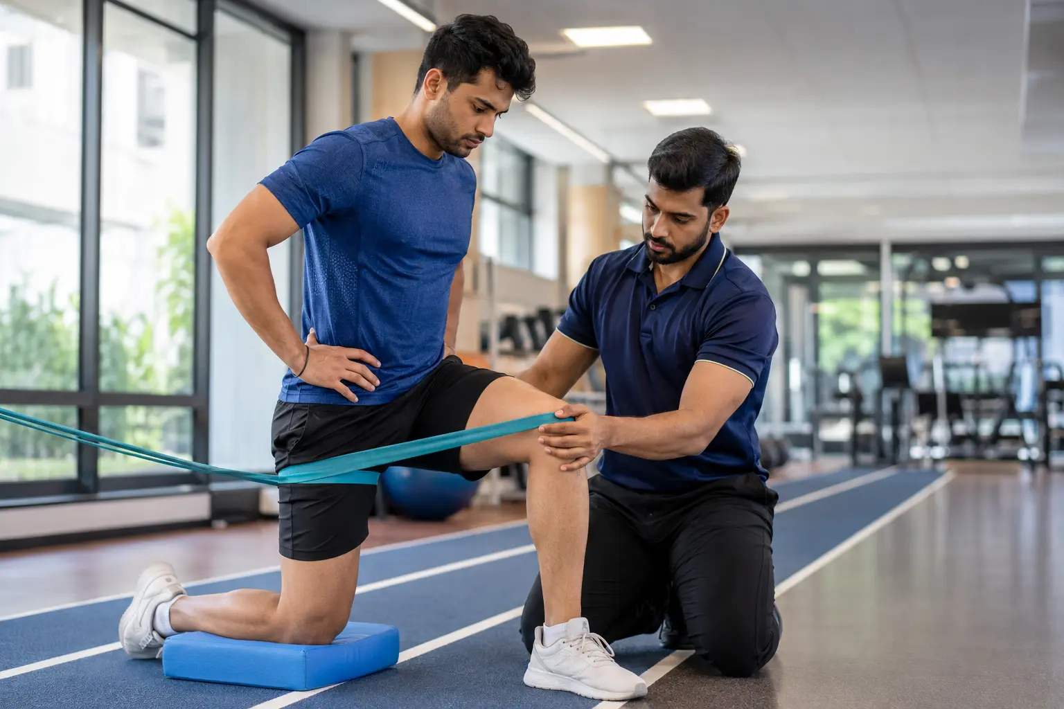 Physiotherapist guiding a young athlete through resistance band knee rehabilitation after ACL surgery