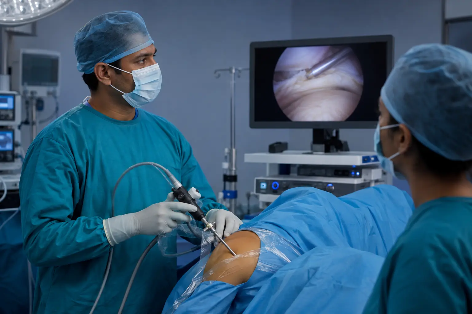 Surgical team performing arthroscopic shoulder surgery with camera monitor guidance in Kharadi, Pune