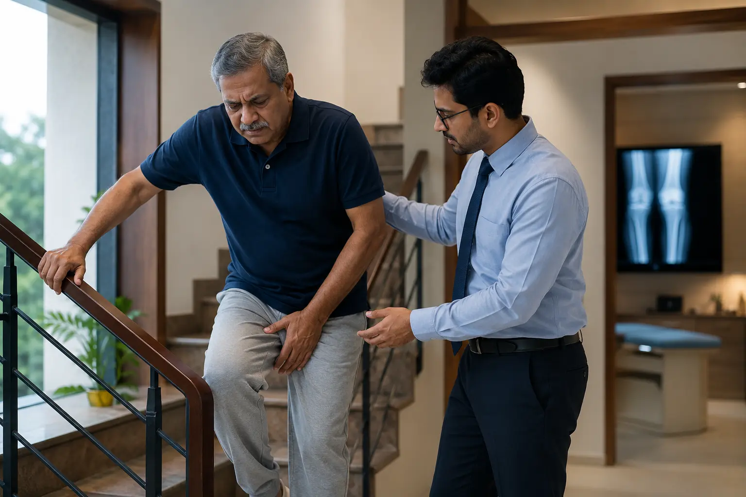 Senior man with knee pain climbing stairs while an orthopaedic doctor assesses him beside a knee X-ray