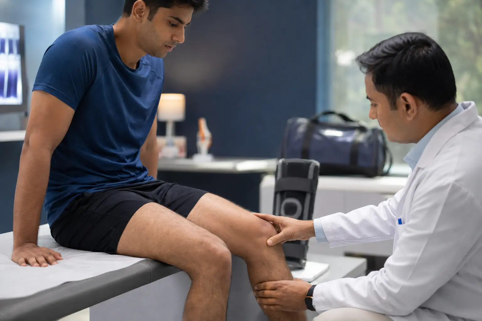 Orthopaedic examination of a young patient's knee for suspected ACL and ligament injury in Kharadi, Pune