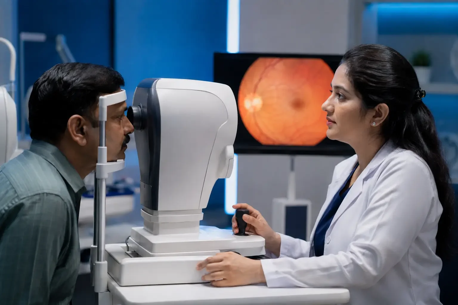 Retinal imaging for diabetic eye care with the fundus image on screen at Dr. Murkute's O2 Bone & Eye Care Clinic, Kharadi, Pune