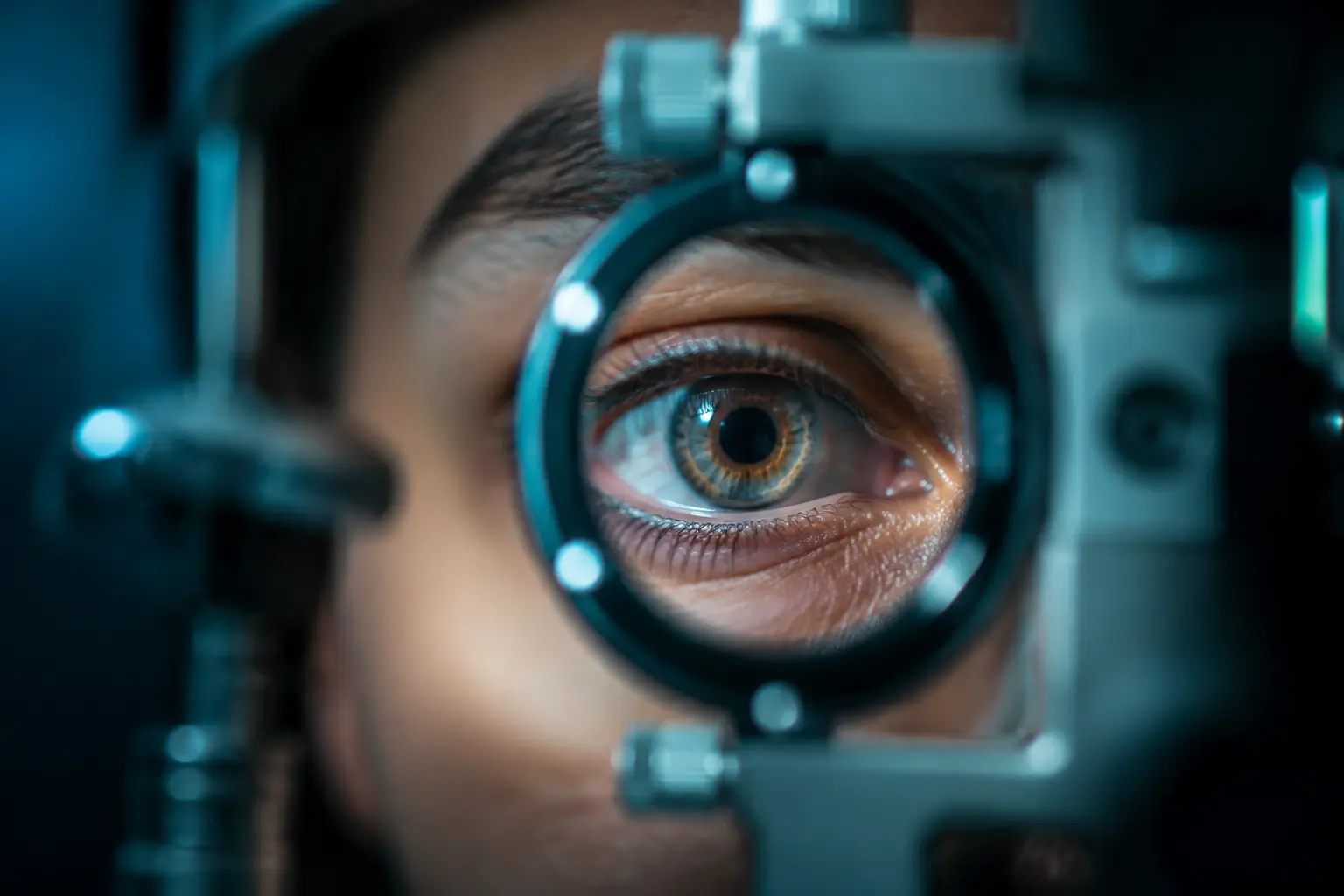 Eye viewed through an ophthalmic testing instrument during refractive error assessment in Kharadi, Pune