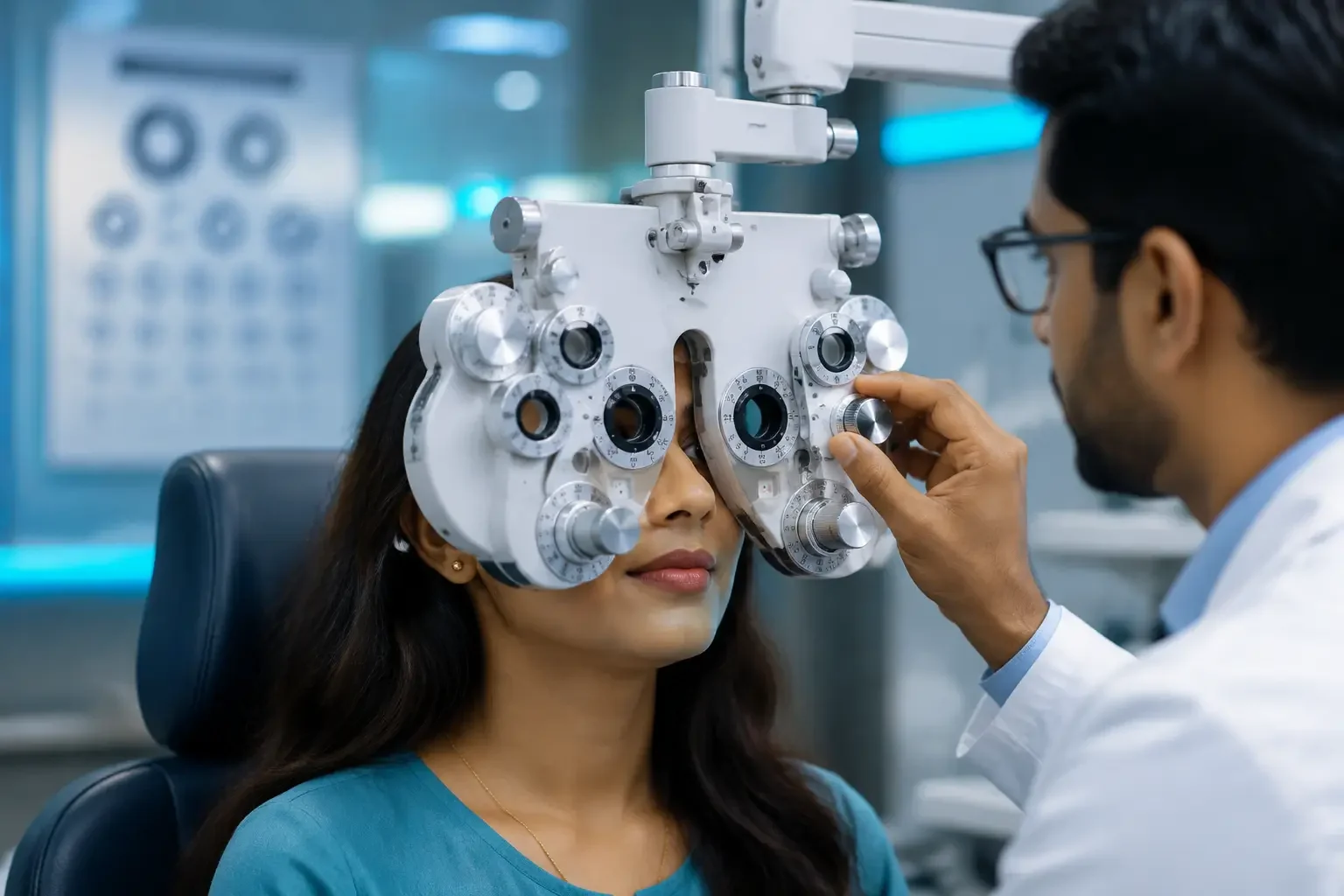 Patient undergoing refraction testing with a phoropter for vision and refractive error care in Kharadi, Pune