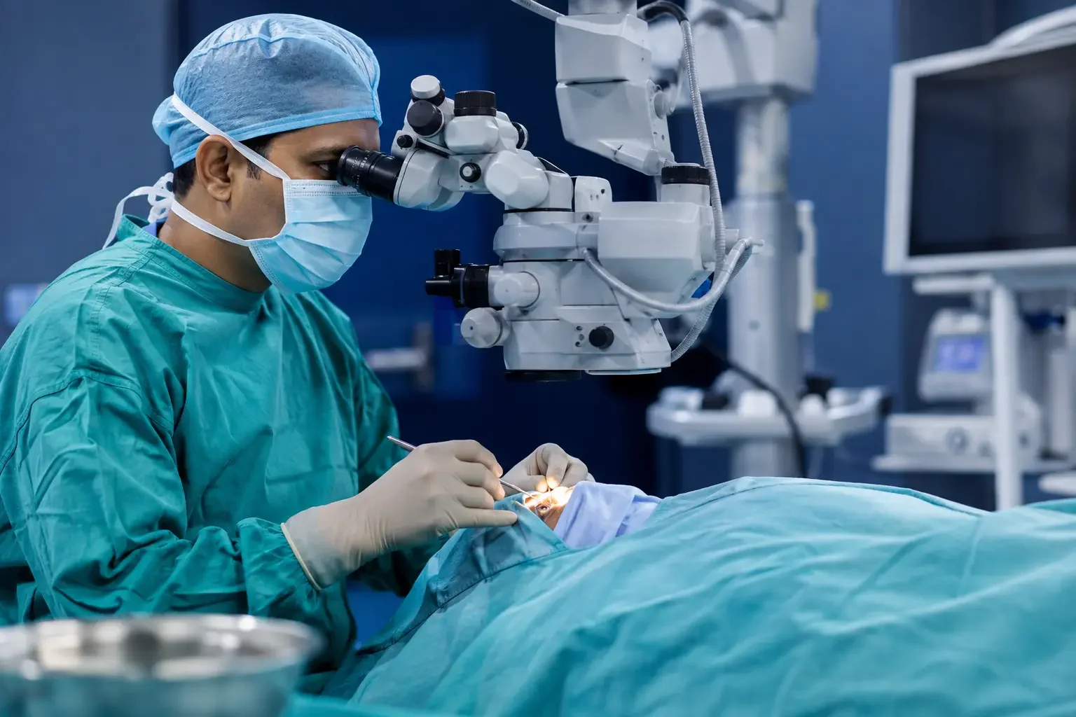 Surgeon performing anterior segment eye surgery under an operating microscope at Dr. Murkute's O2 Bone & Eye Care Clinic, Kharadi, Pune