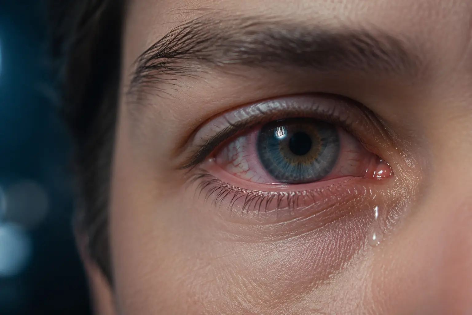 Close-up of a watering, irritated eye caused by dry eye syndrome, treated at Dr. Murkute's O2 Bone & Eye Care Clinic, Kharadi, Pune
